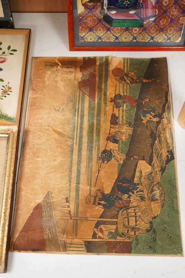 Chinese School, 19th century, Four framed pith paintings of figures boats and birds in landscapes and a Wakyosai woodblock print, largest 38 x 28cm, one unframed